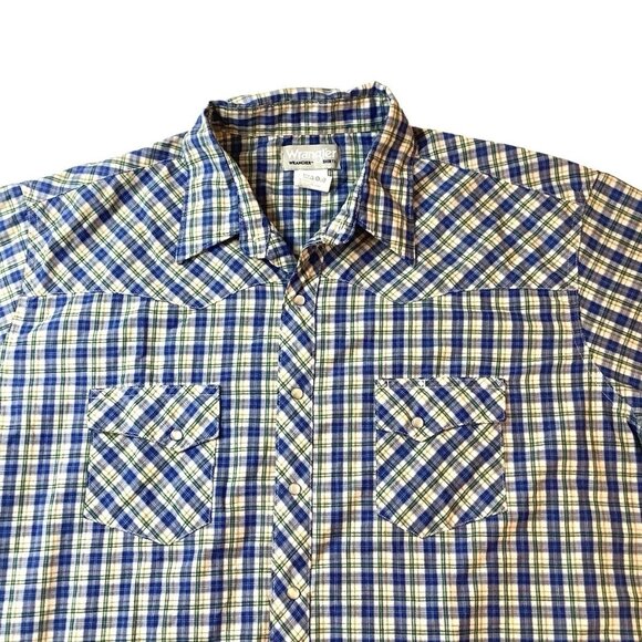 Wrangler Wrancher Pearl Snap Short Sleeve Blue Plaid Shirt Mens Size 2XT - Picture 6 of 11